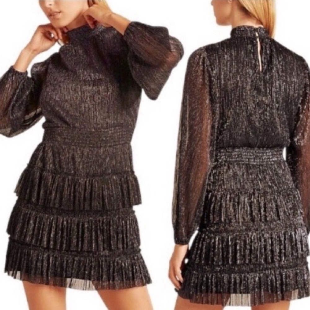 1. STATE Women’s Black Gold Metallic Smocked Mock Neck Tiered Ruffle Dress Sz S
